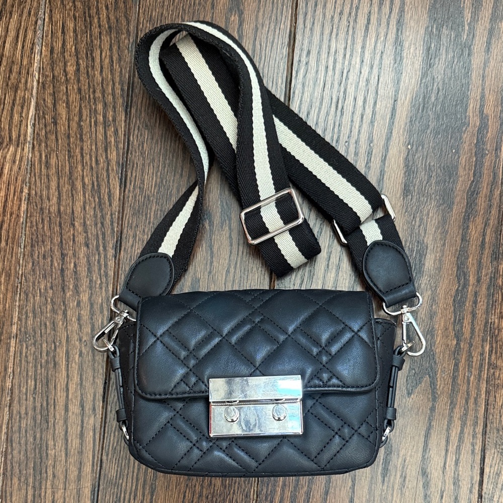 Zara Black Quilted Crossbody Bag with Striped Strap